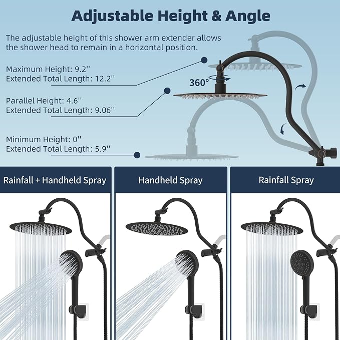 Hibbent All Metal Shower Head, 10'' High Pressure Rainfall Shower Head, Handheld Showerhead Combo with 12'' Adjustable Extension Arm, 10-Spray, 71'' Hose, Shower Holder, Oil Rubbed Bronze