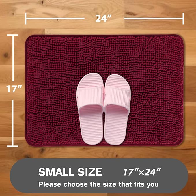 Vivid Burgundy Bathroom Rugs – Absorbent and Washable Bath Mat, Non-Slip, Thick Soft Chenille Bath Rugs for Bathroom Floor, Shower, Sink - 17" x 24"