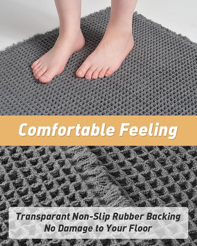 AMOAMI Upgraded Waffle Bath Mat, Super Absorbent Non Slip Bath Mats for Bathroom Floor, Washable Bathroom Rugs with Tassels, Rubber Backed Bathroom Mats, Ultra Soft, 20" x 32", Dark Grey