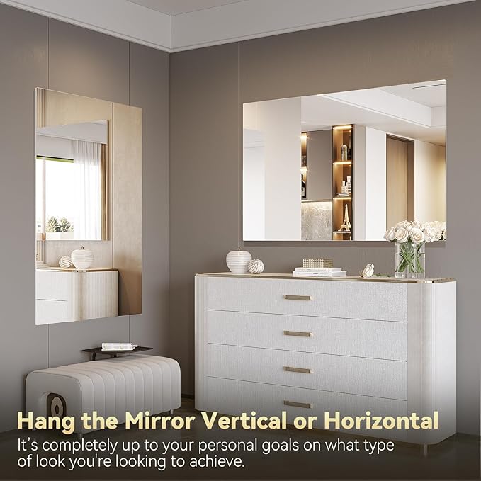 Brightify Frameless Mirror, 48x30 Inch Bathroom Mirrors for Over Sink, Tempered Glass for Gym, Yoga, Living Room, Dining Room, Bedroom, Entryway