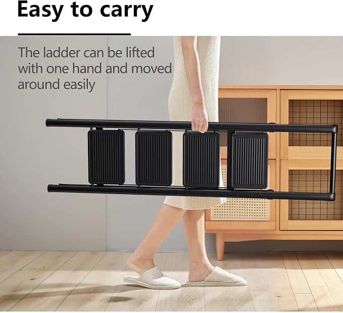 4 Step Ladder, Folding Step Stool, Lightweight Stepladder, Black | Reach 8ft;Anti-Slip 7.9'' Wide Pedal;Portable Handrail;Space-Saving;For Kitchen, Home, Library, Office Use;300lbs Capacity
