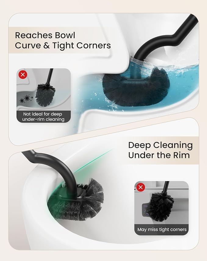 Cesun 304 Stainless Steel Toilet Brush and Holder Set, 2 Brush Heads, Black | S-Shaped Deep Cleaning, Scratch-Free Nylon Bristles, Long Handle & Splash Guard, Replaceable Brush Head