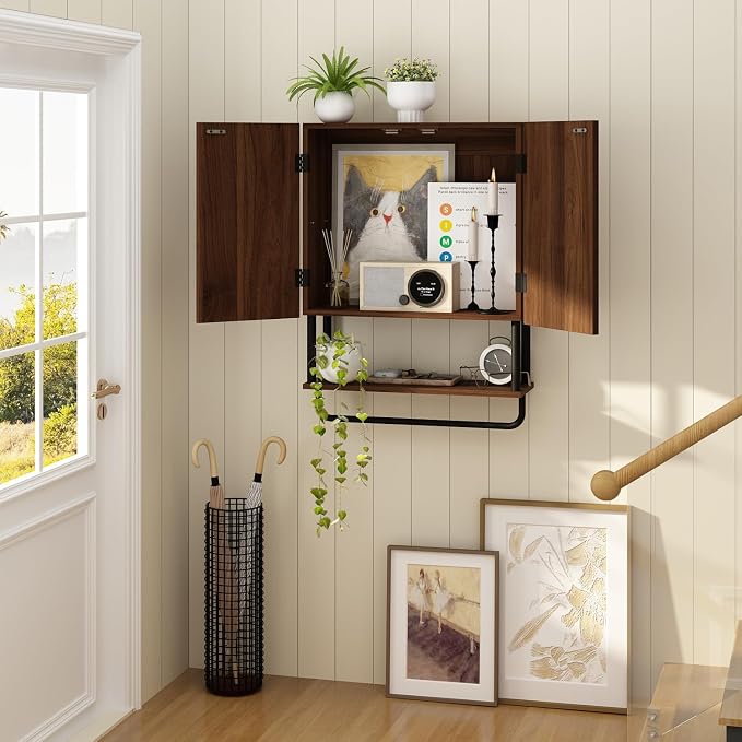 RUSTOWN Fluted Bathroom Wall Cabinet with 2 Doors, 3-Tier Medicine Cabinet | Modern Farmhouse Wall Mounted Cabinets, Over The Toilet Storage Cabinet, Adjustable Shelf and Towel Bar, Medium