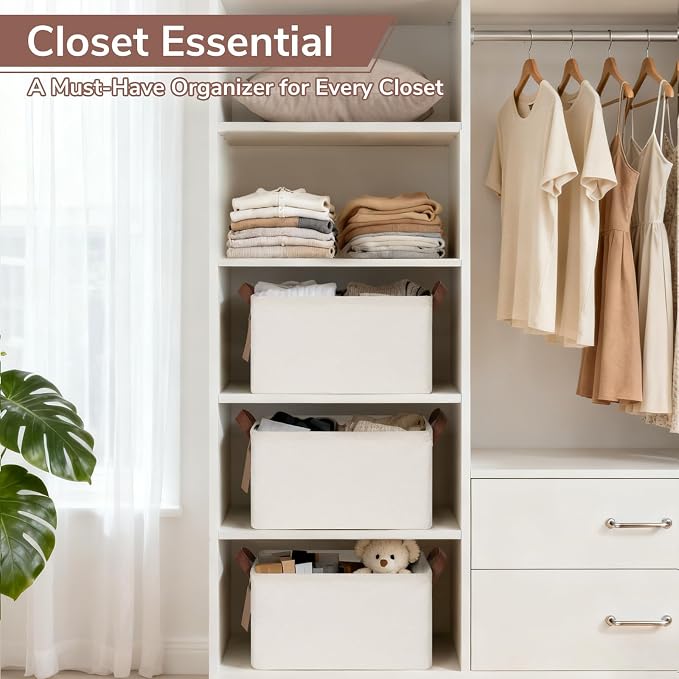 CHICVITA 4 Pack Fabric Shelf Storage Baskets with Metal Frame, Beige | 14.8 × 10.3 × 8.3 in, Collapsible Design, Leather Handles, Closet Organization, Clothes, Towels, Linens & Bedroom Storage