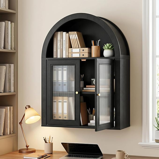 Medicine Cabinet with Arched Top, Bathroom Wall Cabinet Over Toilet with Wave Pattern Tempered Glass Doors and Removable Shelf, Arch Hanging Cabinets for Kitchen, Living Room, Laundry Room, Black