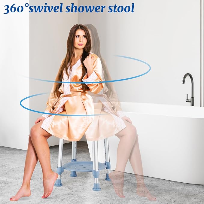 Shower Stool Chair for Inside Shower,360° Swivel,Blue,300LBS | 6-Level Adjustable Height Bath Chair with Shelf,Shower Seat Stool for Bathroom,Upgrade Small Corner Stool for Seniors