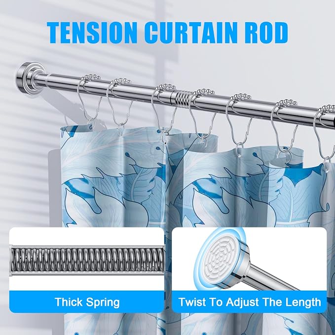 TEECK Shower Curtain Rod, 32-68 inch Adjustable Spring Tension Curtain Rod, Never Rust Anti-Slip Shower Curtain Rod for Bathroom, No Drilling, Never Collapse, Easy to Use, Silver