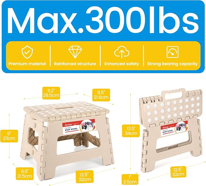 Folding Step Stool 9 Inch, Non-Slip Foldable Stools for Kids, Khaki | Heavy Duty Collapsible Foot Stool, Lightweight, Holds 300lb for Toddler/Adults Kitchen Bathroom Bedroom Outdoor, with Handle