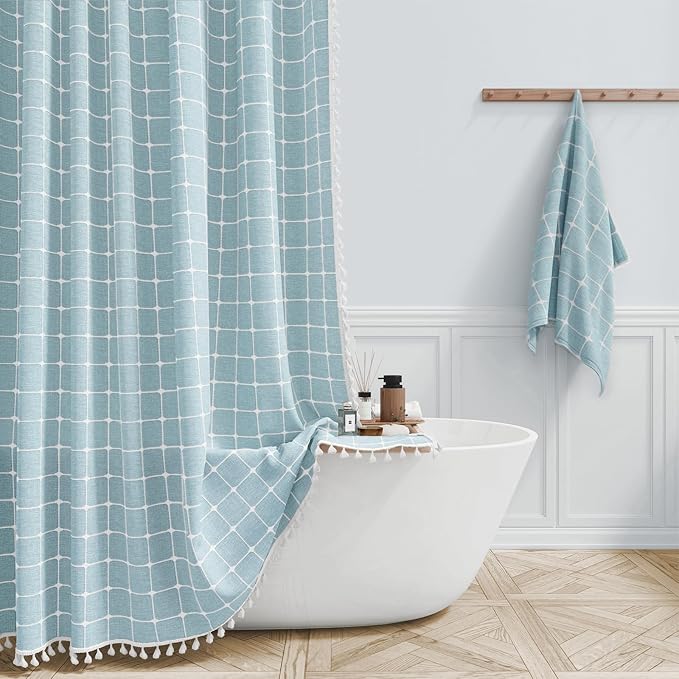 Extra Long Boho Farmhouse Linen Shower Curtain Set, 72x96, Fog Blue | Extra Tall Size, 330GSM Linen Blend, 3-side Tassels, Waterproof Fabric, 12 Plastic Hooks, Rustic Bohemian, Machine Washable