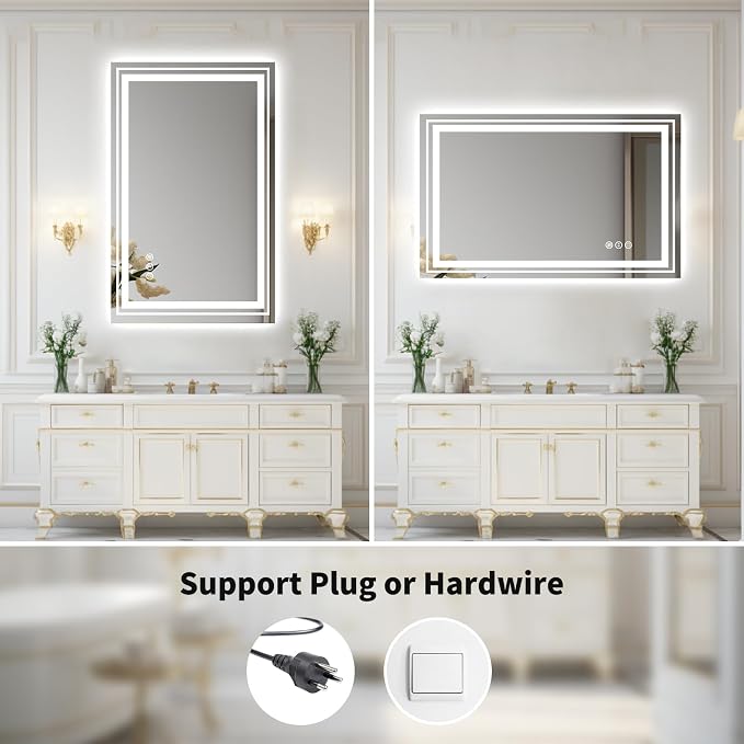 WTTY 40" x 30" LED Bathroom Mirror with Light | Anti-Fog, Dimmable, 3 Color Temperature, Memory Function, Tempered Glass, IP54 Waterproof, ETL Listed