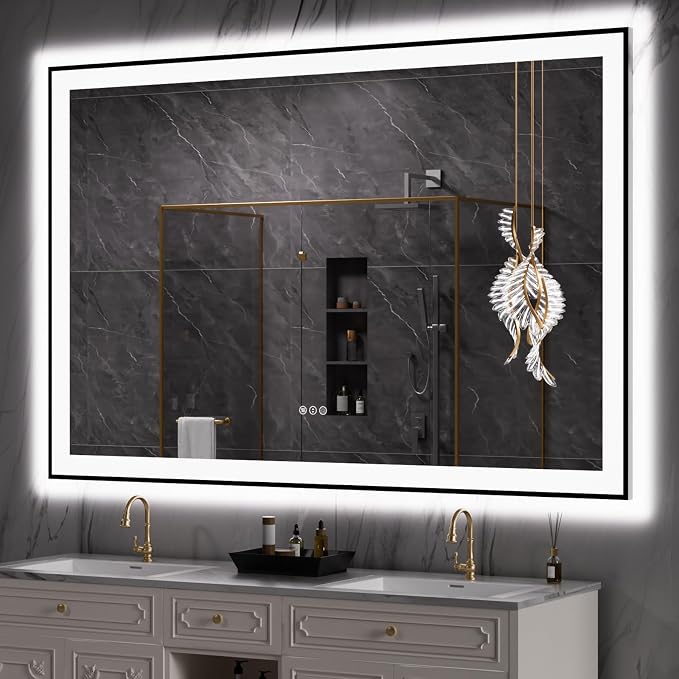 LOAAO 60"X40" LED Bathroom Mirror Black Framed | Anti-Fog, Dimmable, Memory Function, Tempered Glass, Lighted Vanity Mirror for Wall