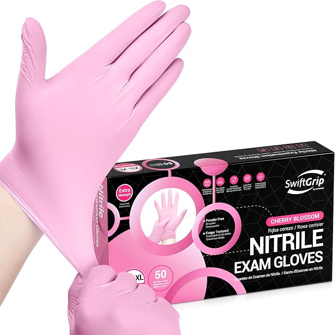 SwiftGrip Nitrile Exam Gloves, 4 Mil, Cherry Blossom, Food Safe Gloves Disposable Latex Free, Powder Free