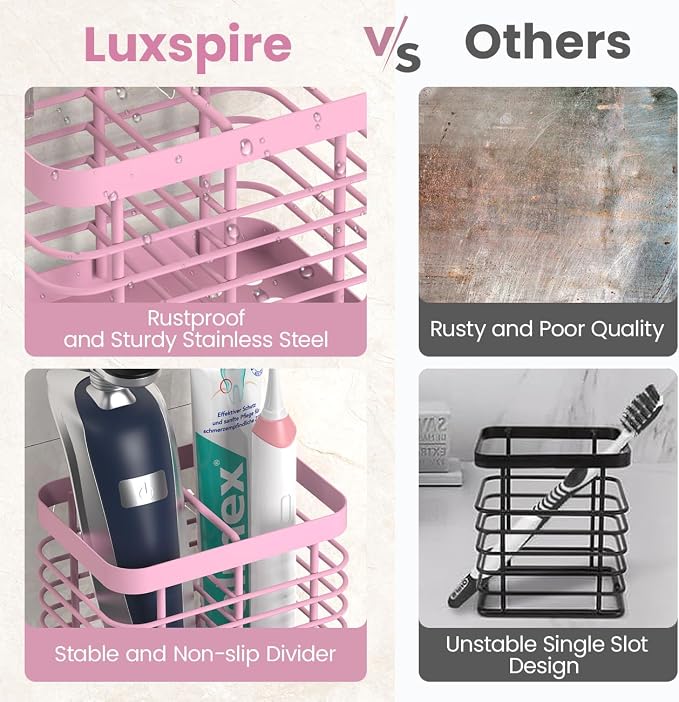 Luxspire Toothbrush Holders for Bathroom, Stainless Steel, 2 Slots, Pink | Wall Mounted ，Electric Toothbrush Holder, Toothbrush and Toothpaste Holder, Bathroom Organizer Essentials