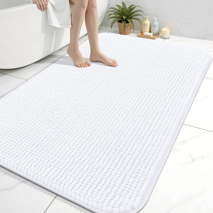 Arotive Chenille Bathroom Rugs 59x35, Soft Absorbent Bath Mat, White | Rubber Backing, Machine Washable Dry Bath Mats for Bathroom Floor, Tub and Shower, Home Decor Accessories
