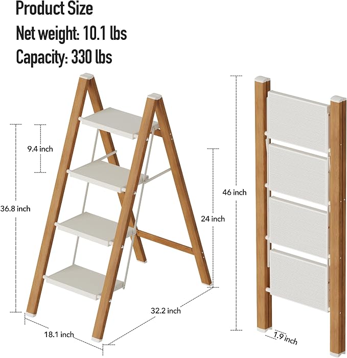 Mayi Plus 4 Step Stool Foldable, Aluminum, Lightweight Step Ladder | Extra-wide anti-slip folding steps with 330 lbs, for home,kitchen,office,outdoor,White & Woodgrain.
