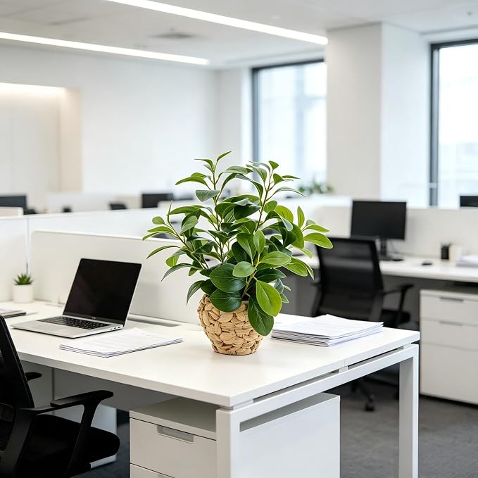 AlphaAcc Fake Faux Potted Plant 15.7" Ficus Water Hyacinth Boho Decor | Artificial plants fig leaf greenery natural hyacinth basket ideal boho office desk shelf home decor