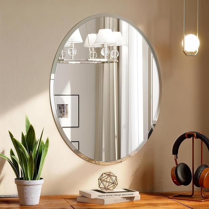 Frameless Oval Mirror, 18x24 Inch Oval Beveled Bathroom Mirrors for Over Sink, Tempered Glass Mirror for Vanity, Living Room, Bedroom, Entryway