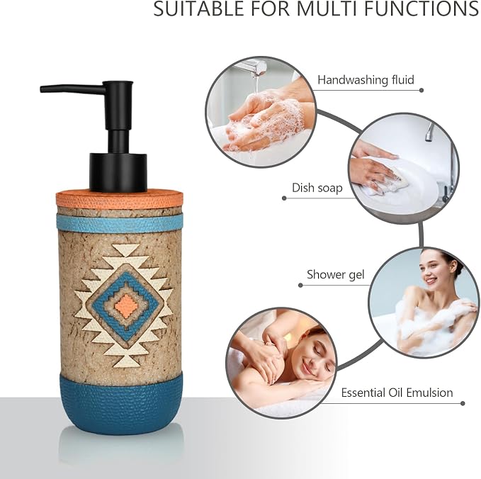 Bathroom Accessory Sets 4PCS Bathroom Accessories Set Complete Tribal Home Decor Southwest Pattern Shape Includes Lotion Dispenser Toothbrush Holder Tumbler Cup & Soal Dish