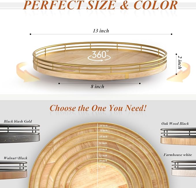 AMH 13-Inch Farmhouse Oak Lazy Susan Cabinet Organizer | Smooth rotating oak tray with walnut finish for dining tables, kitchen counters, pantries and cabinet storage.