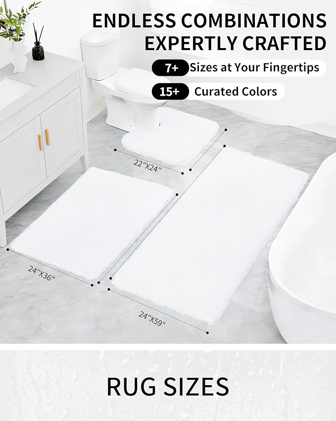Bathroom Rugs Non Slip Washable 59x24, Ultra Thick Soft Microfiber Absorbent Bath Mats, High Density Foam Latex Non Slip Backing Bath Rugs, Fluffy Floor Carpet for Tub&Shower, White