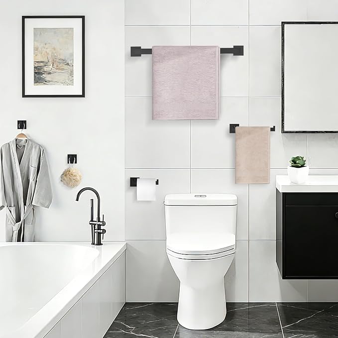 TURS 4-Piece Bathroom Hardware Set Black Towel Bar Set Stainless Steel Towel Bar Hand Towel Holder Toilet Paper Holder Towel Hooks Wall Mount