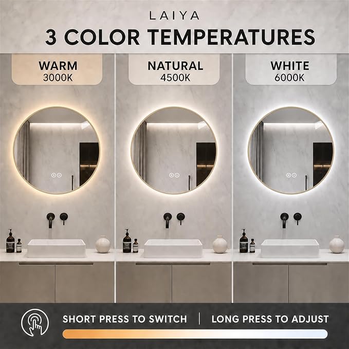 LAIYA 32 Inch Gold Round LED Bathroom Mirror, Anti Fog, Dimmable, 3 Colors | backlit lighted vanity wall mounted makeup mirror defogger touch switch brass frame IP65 CRI95 copper free silver glass hotel