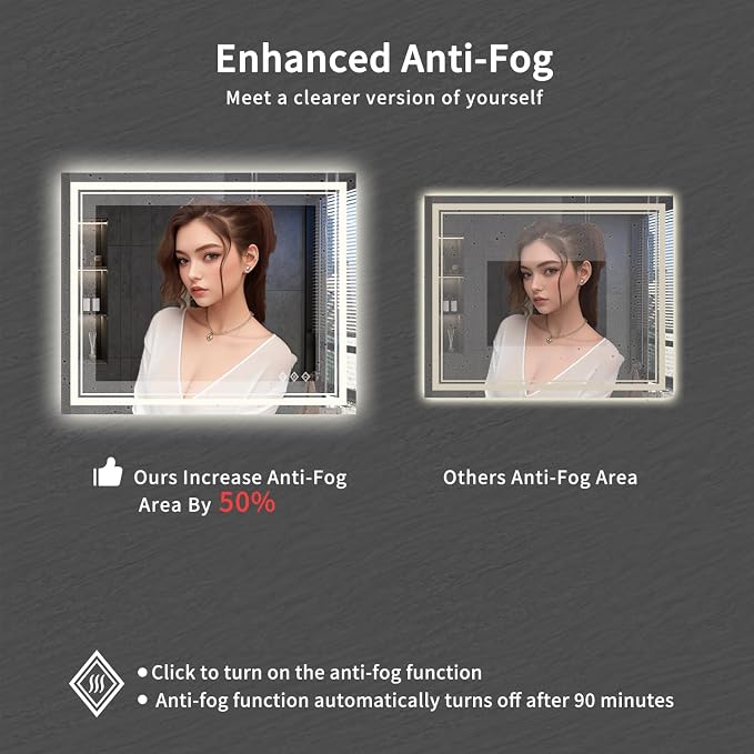 LED Mirror, 44x36 Inch Gradient Front and Backlit Lighted Mirror, 3 Colors Dimmable CRI>90 Double Lights, IP54 Enhanced Anti-Fog, Hanging Plates Bathroom Mirror with Lights