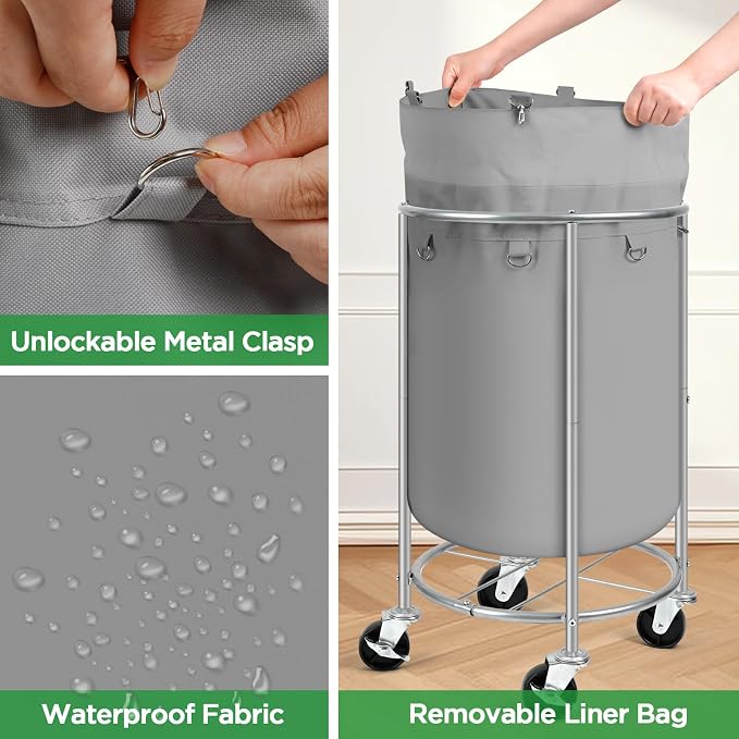 100L Round Rolling Laundry Hamper Basket with Wheels, Grey | Laundry Sorter Cart with Removable Bag, Clothes Organizer, Metal Frame, Bedroom, Bathroom, Laundry Room, Dorm Use