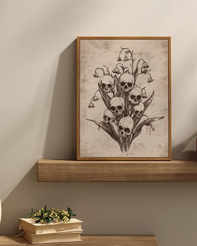 InSimSea Framed Canvas Prints Art Vintage Decor, Gothic Skull Flowers Painting, Rustic Dark Academia Wall Art for Bathroom, Halloween Living Room Witchy Room Wall Cottagecore Decor, 12x16inch