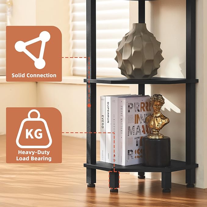 YUFAM 4-Tier Corner Shelf, Black | Wooden Corner Bookshelf for Small Spaces, Corner Standing Shelf with Sturdy 5-Leg Base