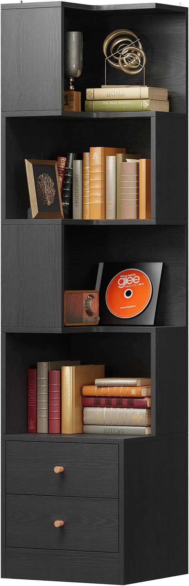 IRONCK Corner Bookshelf, 70.87" Tall Corner Bookcase with Drawers, Black | 90° design saves space. 110 lb capacity. Corner Shelf Storage Display Rack for Living Room Home Office