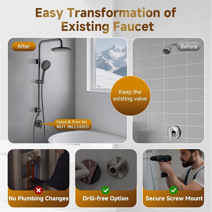 BRIGHT SHOWERS Rain Shower Heads System - 9 Inch Rainfall Shower Head and Handheld Shower Head with Height Adjustable Holder, Solid Brass Rail and 60" Long Stainless Steel Hose, Oil-Rubbed Bronze