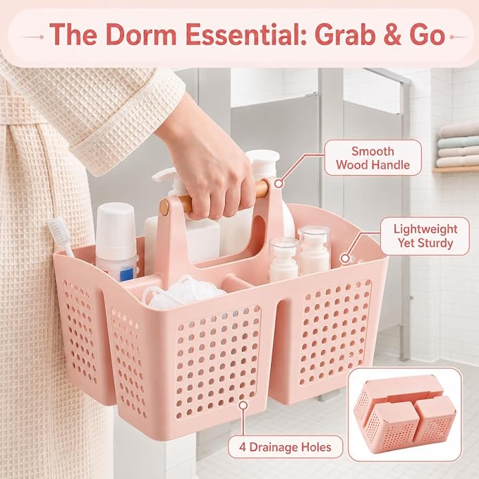 Portable Shower Caddy Basket with 3 Compartments and Handle, Pink | Plastic Divided Toiletry Caddy for Dorm Bathrooms, Skincare, Makeup, Vanities, Gyms, Locker Rooms and Shared Spaces