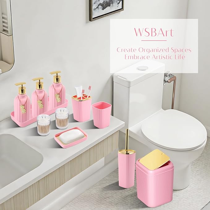 17PCS Bathroom Accessories Set, Pink Bathroom Set Bathroom Accessories Set with Trash Can, Toilet Brush, Toothbrush Holder, Qtip Holder & 3PCS Soap Dispenser