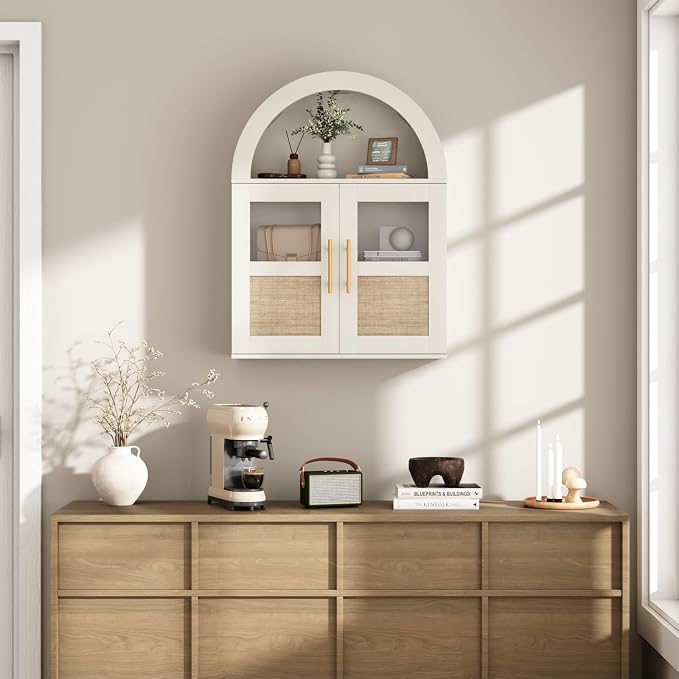 RUSTOWN Arched Bathroom Wall Cabinet with 2 Glass & Rattan Doors | Rattan Medicine Cabinet, Farmhouse Over the Toilet Storage Cabinet, Adjustable Shelves, 3-Tier Wall Mounted Cabinets