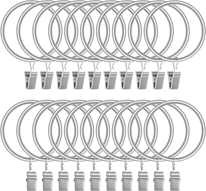 Lansian 20 Pack Curtain Rings with Clips Hooks 1.5 in Diameter Rustproof | Metal Stainless Steel Drapery Rings for Tension Rod Bracket Eyelets Decorative Hanger, Fits 1.38 in Rods, Matte Silver