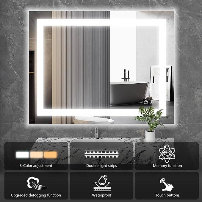 NEWBULIG 32"x 40" LED Bathroom Mirror with Lights, Anti-Fog, Backlit + Front Lit, Lighted Bathroom Vanity Mirror for Wall, Memory Function, Dimmable, Tempered Glass, Shatter-Proof