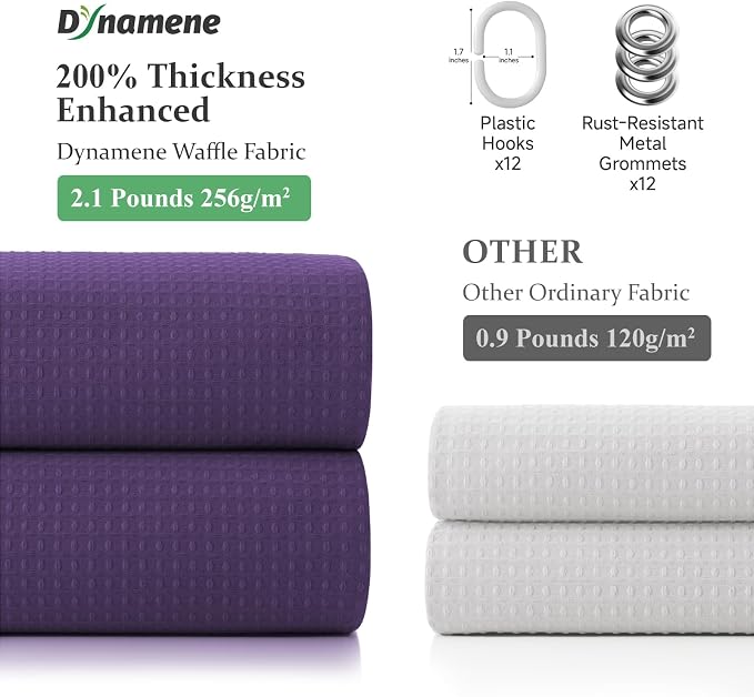 Extra Wide Waffle Shower Curtain 256 GSM Fabric 108x72 Purple | 108 Inch Wide, Thick Polyester Cloth, Weighted Hem, Water Repellent, Washable, Hotel Shower Curtain Set for Bathroom 18 Hooks