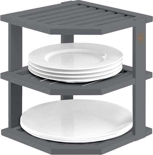 Grey Plate Organizer for Cabinet - 3 Tier Gray Bamboo Corner Cabinet Organizer Shelf for Plates Bowls Mugs Cups, Kitchen Cabinet Organizer, Cabinet Shelf Organizer, Countertop Rack, 10 x 10 x 9.5 Gray