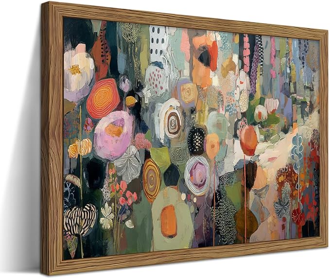 Framed Vintage Colorful Flower Canvas Wall Art, Abstract Floral Graffiti Poster Prints, Modern Boho Botanical Artwork, Elegant Nature Wall Decor for Living Room Bedroom Office 8x10in