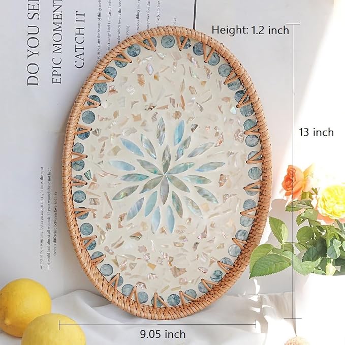 13" Decor Tray for Coffee Table Mother of Pearl Inlay Ottoman Serving Tray | Wicker Centerpiece Decorative Tray for Candle Holder, Flower, Fruit, Bread