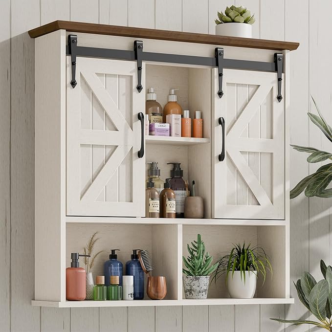 Vabches Bathroom Wall Cabinet, Farmhouse Medicine Cabinet, Rustic White | Wooden Vintage Storage Cabinet Wall Mounted with Double Sliding Barn Door and Adjustable Shelf for Bathroom, Kitchen