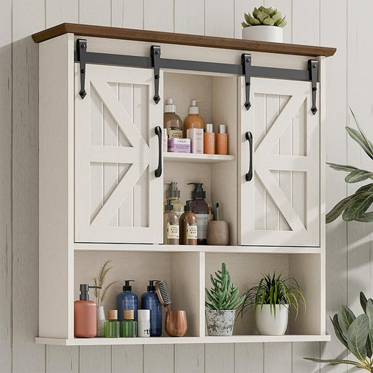 Vabches Bathroom Wall Cabinet, Farmhouse Medicine Cabinet, Rustic White | Wooden Vintage Storage Cabinet Wall Mounted with Double Sliding Barn Door and Adjustable Shelf for Bathroom, Kitchen