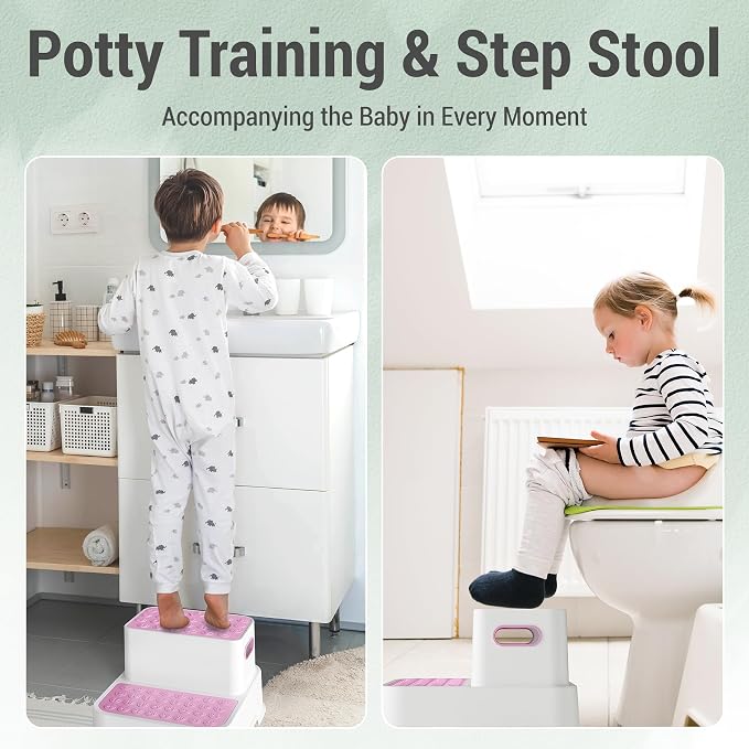 2 Step Stools for Kids,Toddler Step Stool for Bathroom Sink,No-Slip Double up Stepping for Toddlers, Multifunctional Toilet Potty Stool for Kids,Toilet Potty Training(2 Packs)（Pink）