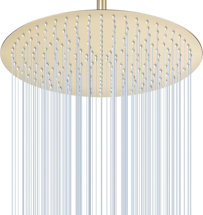 16 inch Brushed Gold Round Rain Shower Head, All Metal Stainless Steel 304, Ultra Thin Design, Full Body Rainfall Shower with 230 Silicone Nozzles