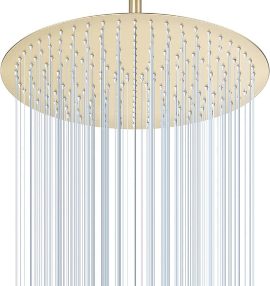 16 inch Brushed Gold Round Rain Shower Head, All Metal Stainless Steel 304, Ultra Thin Design, Full Body Rainfall Shower with 230 Silicone Nozzles