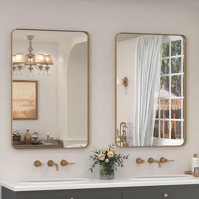 2 Pack of 24x36 Inch Gold Bathroom Vanity Mirror | Rounded Rectangle Gold Metal Mirror, Brushed Gold Brass Frame, Wall-Mounted, Anti-Rust, Hangs Horizontally or Vertically