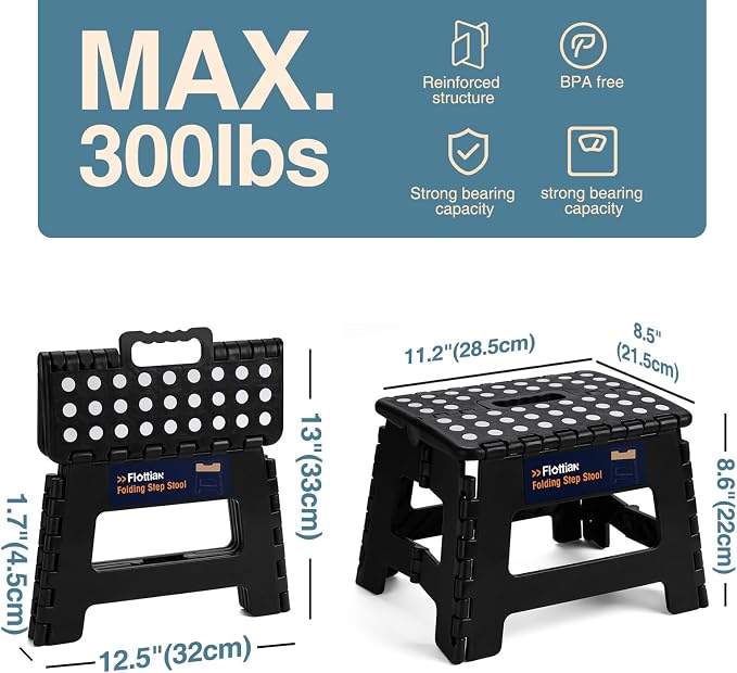 Flottian 9 Inch Folding Step Stool, 300 Lbs Capacity Non-Slip Plastic Step Stool with Portable Handle for Adults and Kids, Compact Foldable Stool for Kitchen Bathroom Bedroom, Black,1PC