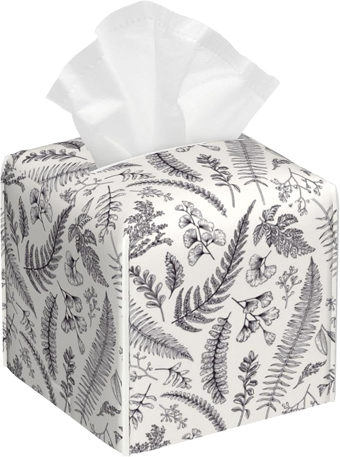 Vintage Floral Leaves Tissue Box Cover Square,Tissue Box Holder with Belt Bottom,Stylish Leather Napkin Holder for Vanity Countertop,Nightstands,Office Desk,5.2"×5.2"×5.2"