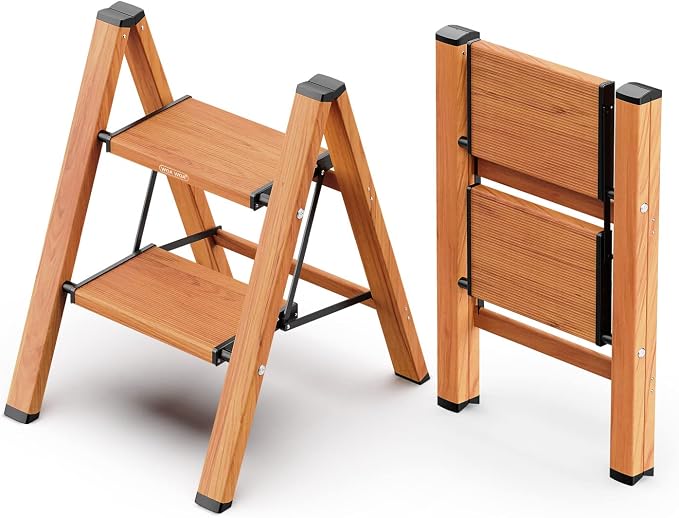 2 Step Foldable Step Stool, 300lbs Load, Wood Grain | Folded 26''H x 3''T; Net 5.9 lbs; Non-Slip Feet: Wood/Tile/Carpet; Rigid Aluminum Steps; No Assembly; Ready From Box.